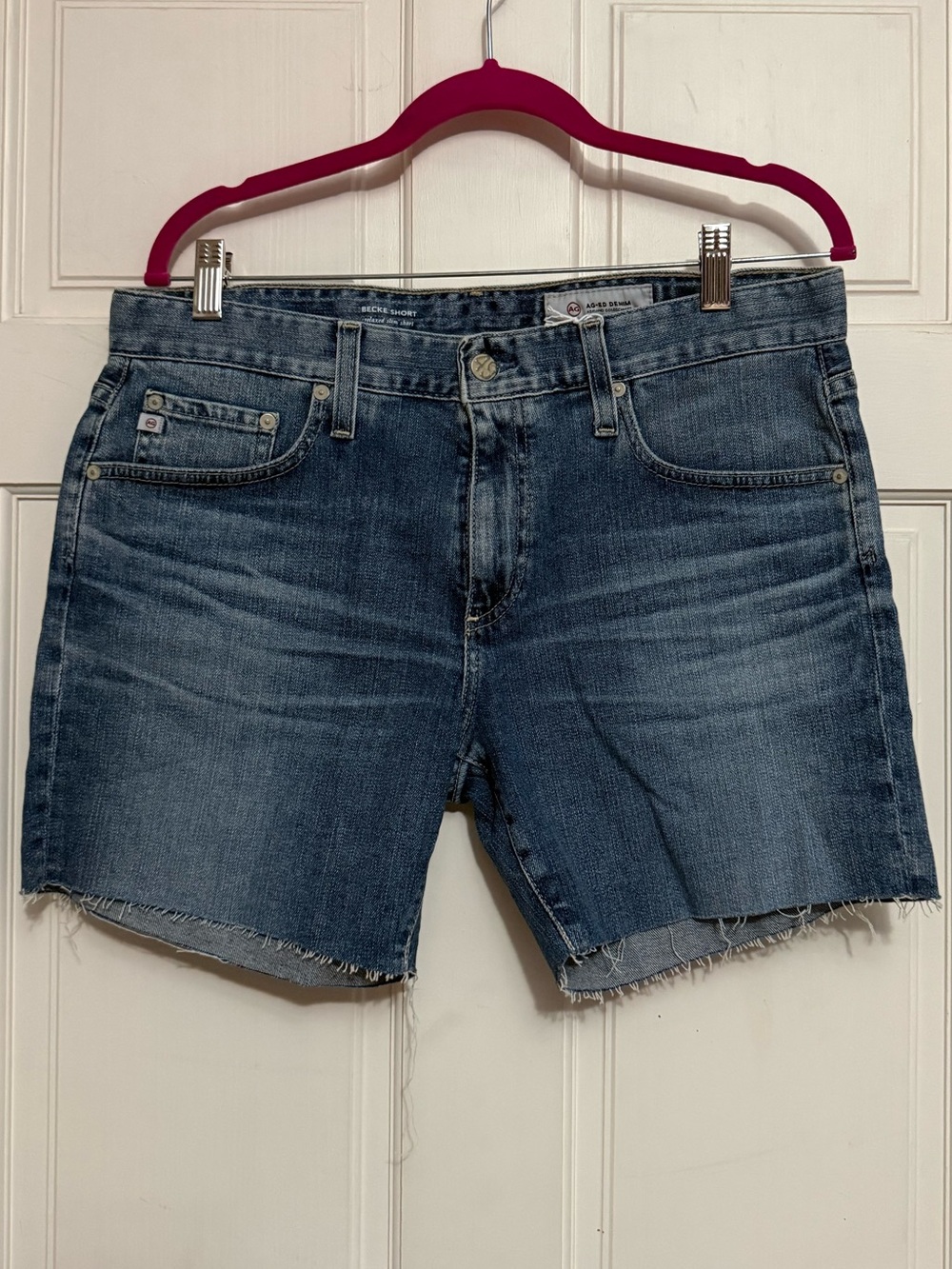 AG Adriano Goldschmied Becke Medium Blue Raw-Hem Denim Shorts